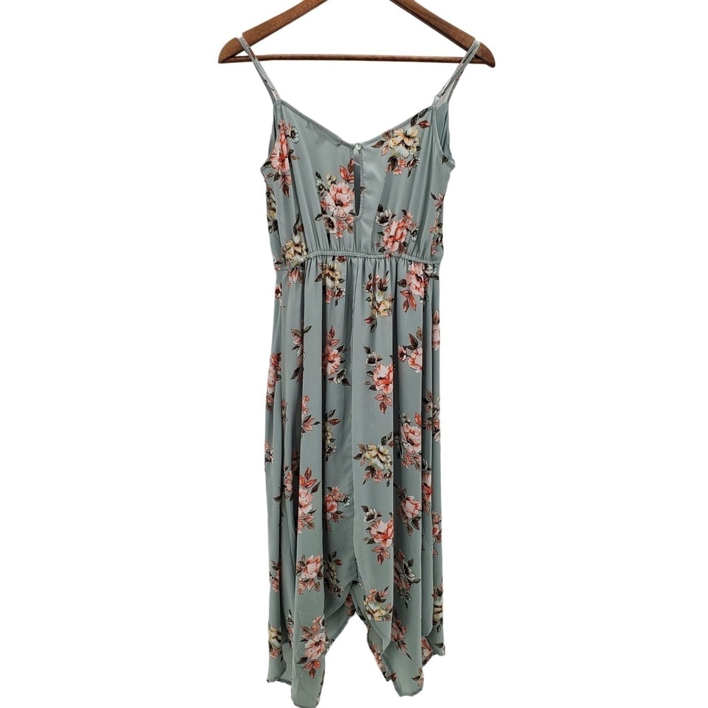 Three Pink Hearts Floral Romper Dress Hi Low Overlay Sage Green XS - Picture 4 of 16